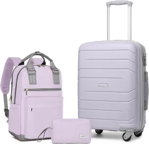 LARVENDER 3-Piece Carry On Luggage for Women,Hard Shell Suitcase 20Inch Carry On Luggage 22x14x9 Airline Approved, Spinner Wheel and TSA LockLavender 20Inch/BP/TB