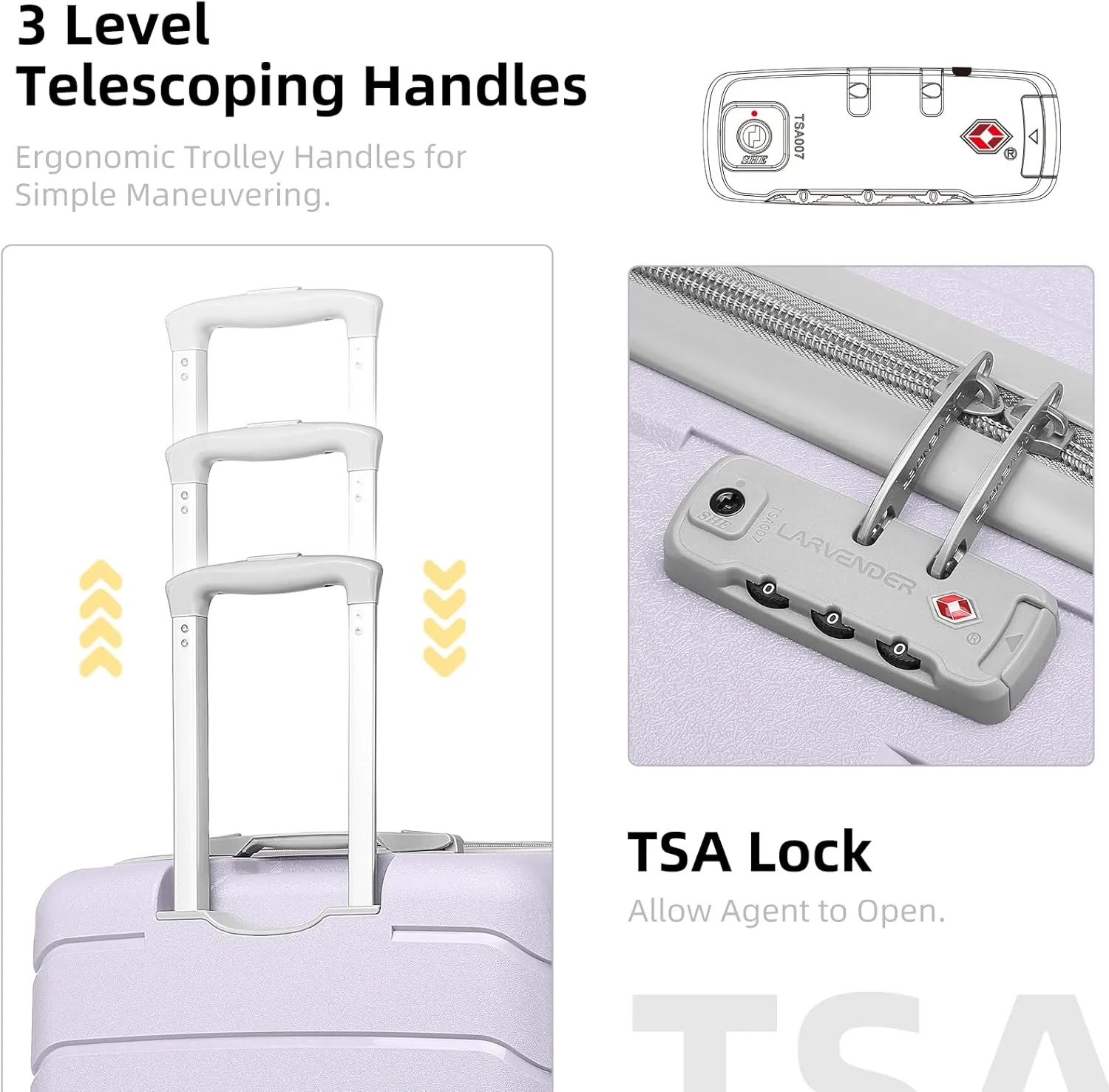 LARVENDER 3-Piece Carry On Luggage for Women,Hard Shell Suitcase 20Inch Carry On Luggage 22x14x9 Airline Approved, Spinner Wheel and TSA LockLavender 20Inch/BP/TB