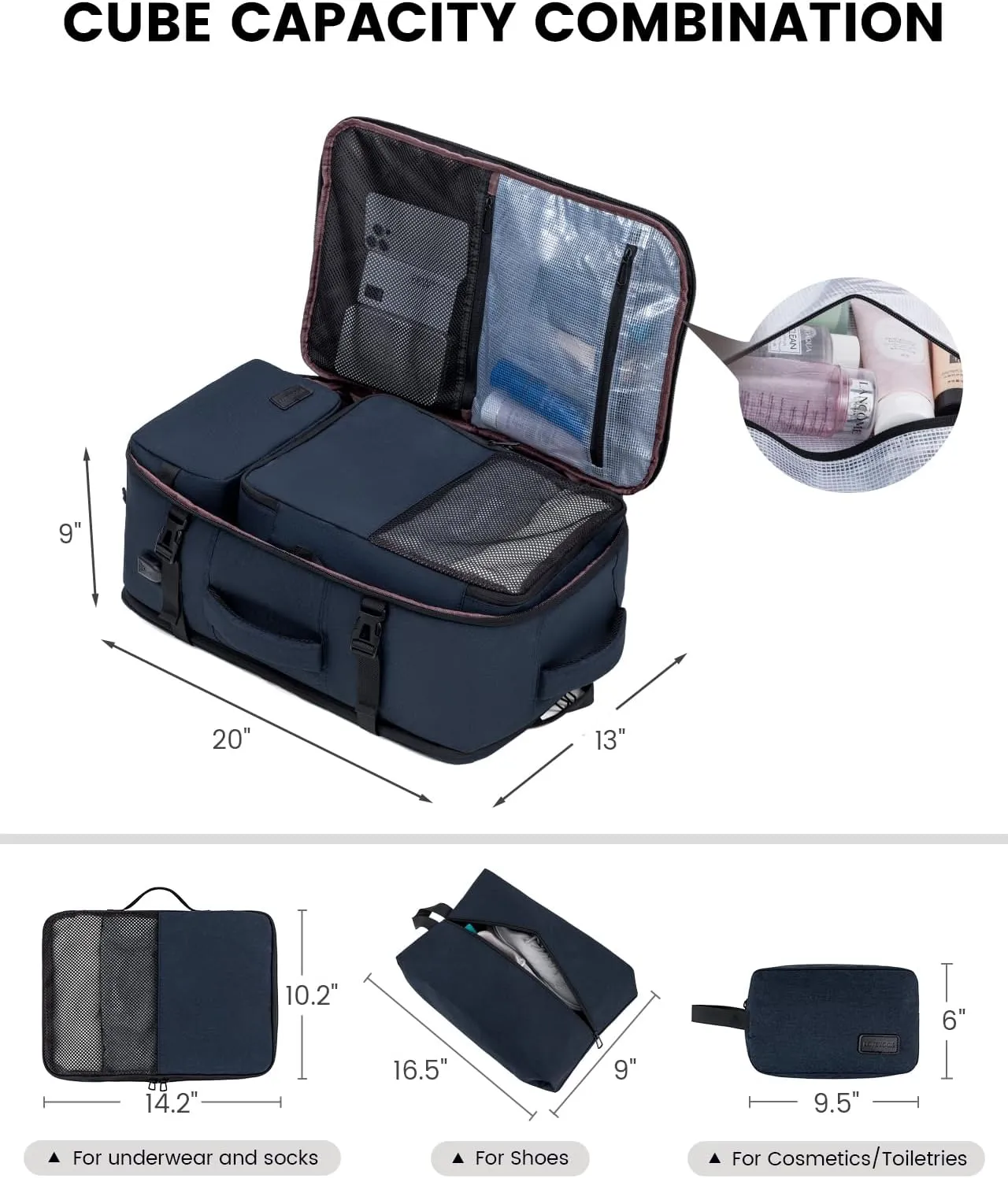 LOVEVOOK Travel Backpack, 40L Extra Large Carry on Backpack, Peersonal Item Bag Flight Approved, Anti-Theft Water Resistant 17 Inch Weekender Backpack for Men Women, with USB Port, Navy Blue