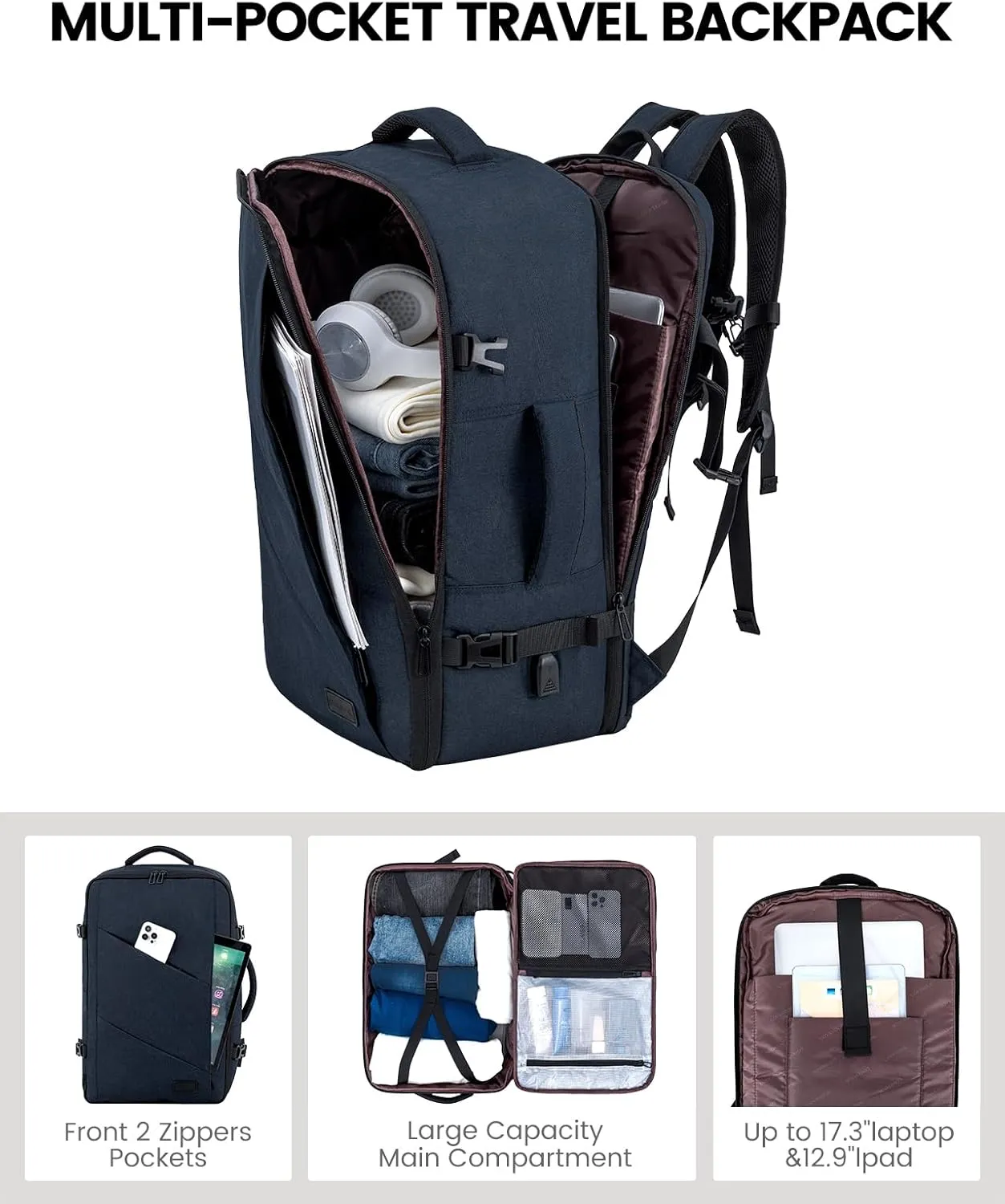 LOVEVOOK Travel Backpack, 40L Extra Large Carry on Backpack, Peersonal Item Bag Flight Approved, Anti-Theft Water Resistant 17 Inch Weekender Backpack for Men Women, with USB Port, Navy Blue