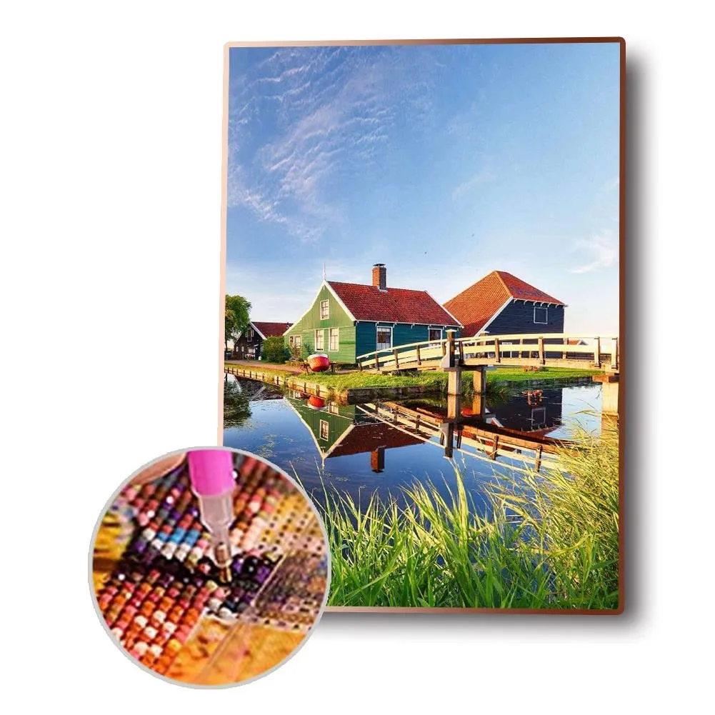 Modern Houses By Lake - Full Round Diamond - 30x40CM