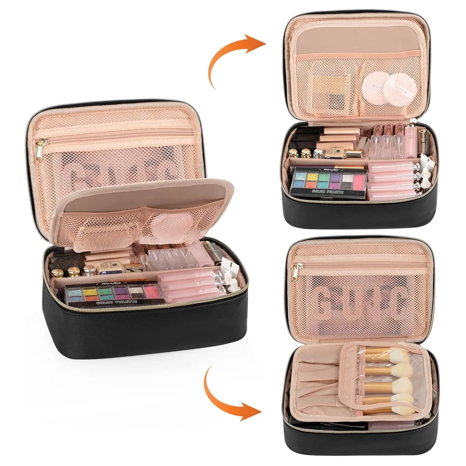 OCHEAL Makeup Bag, Cute Makeup Organizer Bag Potable Make up Bag for Cosmetics Toiletry Accessories with Divider and Brushes Compartments, Travel Case Cosmetic Bags Women and Girls-Black