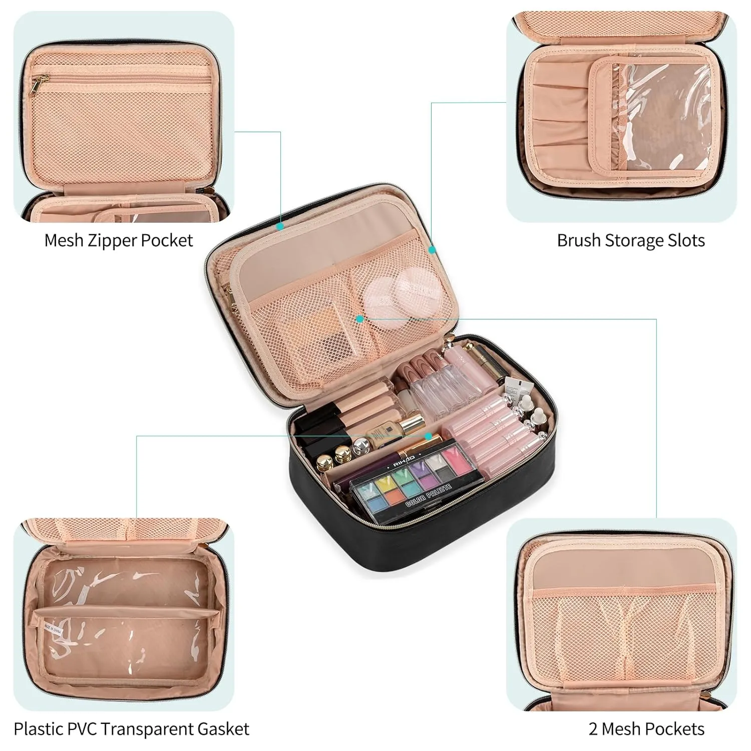 OCHEAL Makeup Bag, Cute Makeup Organizer Bag Potable Make up Bag for Cosmetics Toiletry Accessories with Divider and Brushes Compartments, Travel Case Cosmetic Bags Women and Girls-Black