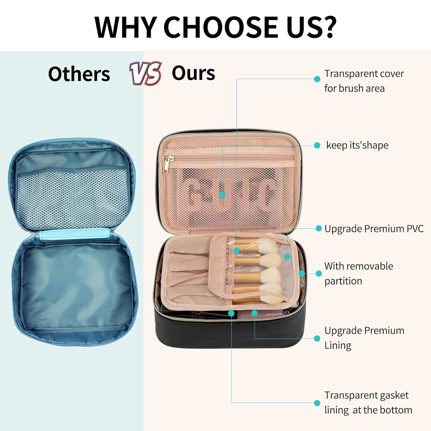 OCHEAL Makeup Bag, Cute Makeup Organizer Bag Potable Make up Bag for Cosmetics Toiletry Accessories with Divider and Brushes Compartments, Travel Case Cosmetic Bags Women and Girls-Black
