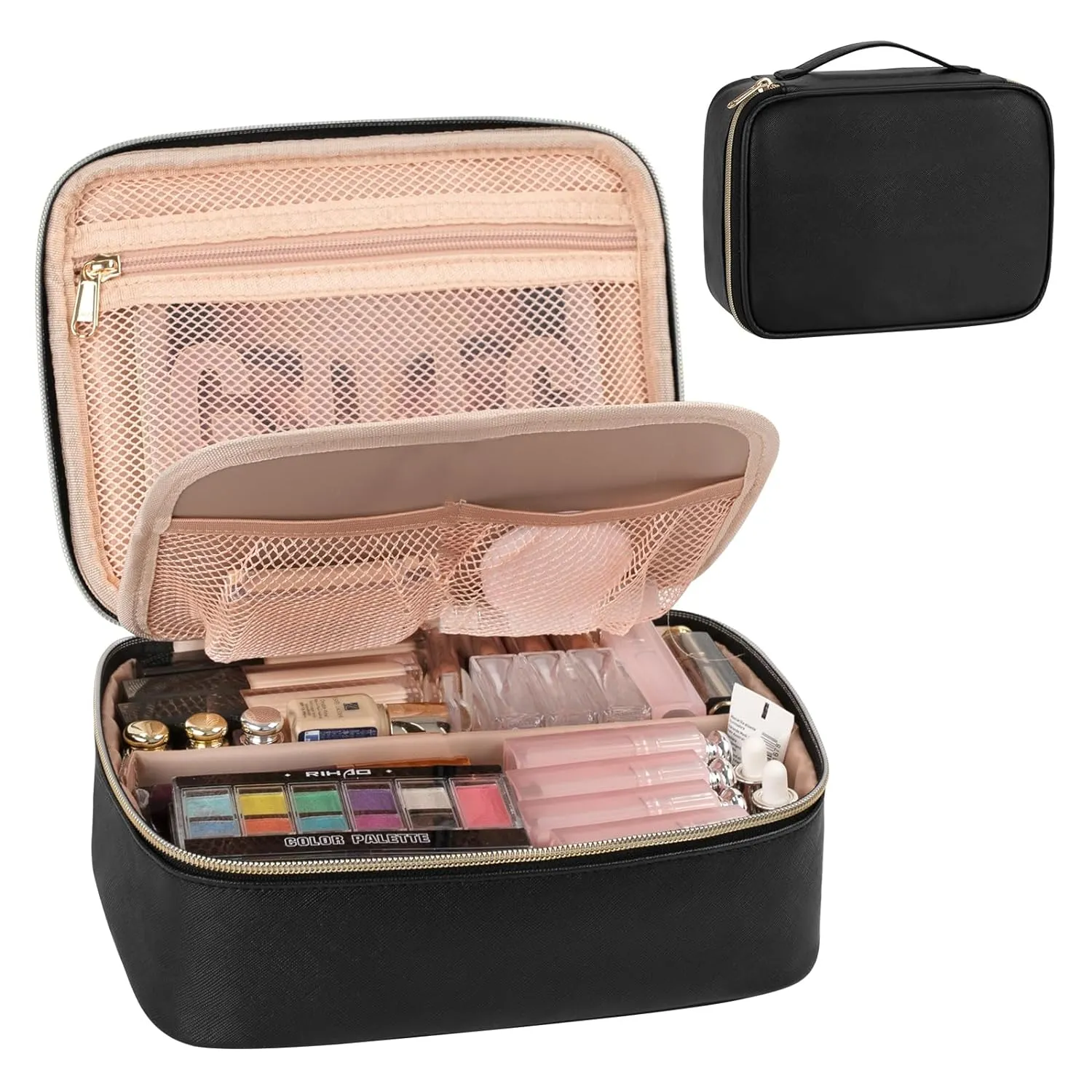 OCHEAL Makeup Bag, Cute Makeup Organizer Bag Potable Make up Bag for Cosmetics Toiletry Accessories with Divider and Brushes Compartments, Travel Case Cosmetic Bags Women and Girls-Black