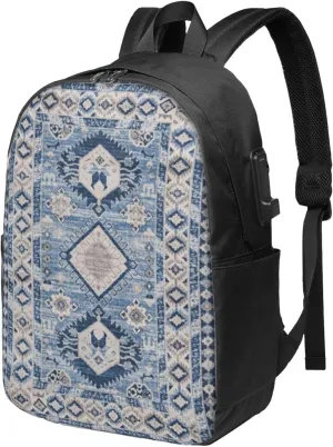 Oriental Antique Blue Kilim Rug Usb Travel Laptop Backpack  Durable Polyester Backbag With Charging Port & Headphone Jack