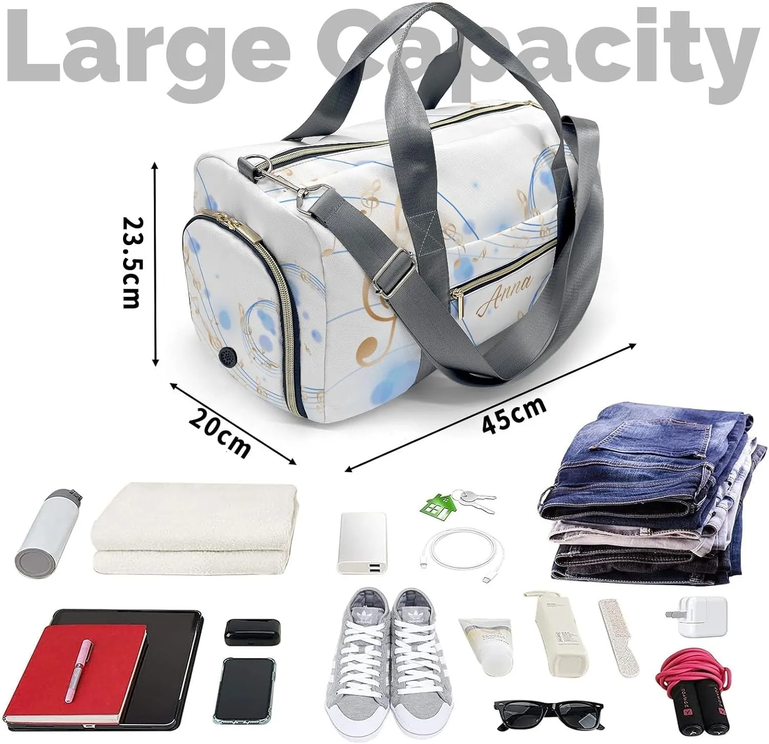 Personalized Name Duffel Bag Cartoon Golden Music Notes Light On-the-Go Fitness: Travel Bags Designed for Active Living