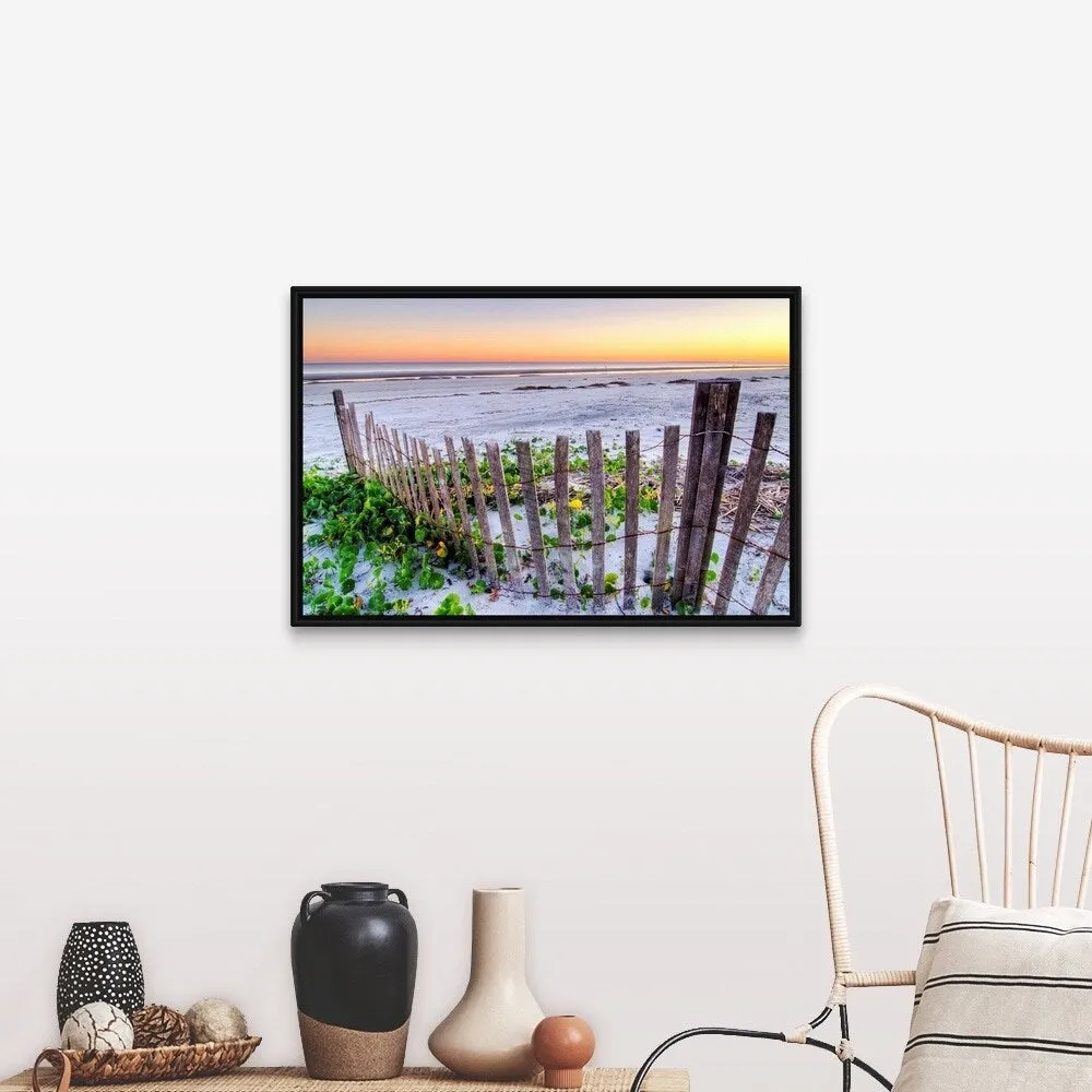 "A beach fence at sunset on Hilton Head Island, South Carolina." Black Float Frame Canvas Art