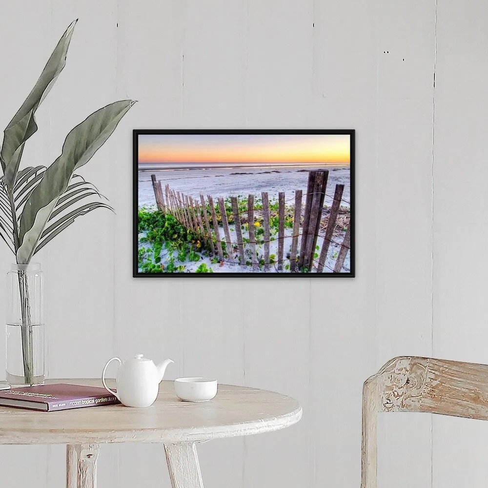 "A beach fence at sunset on Hilton Head Island, South Carolina." Black Float Frame Canvas Art