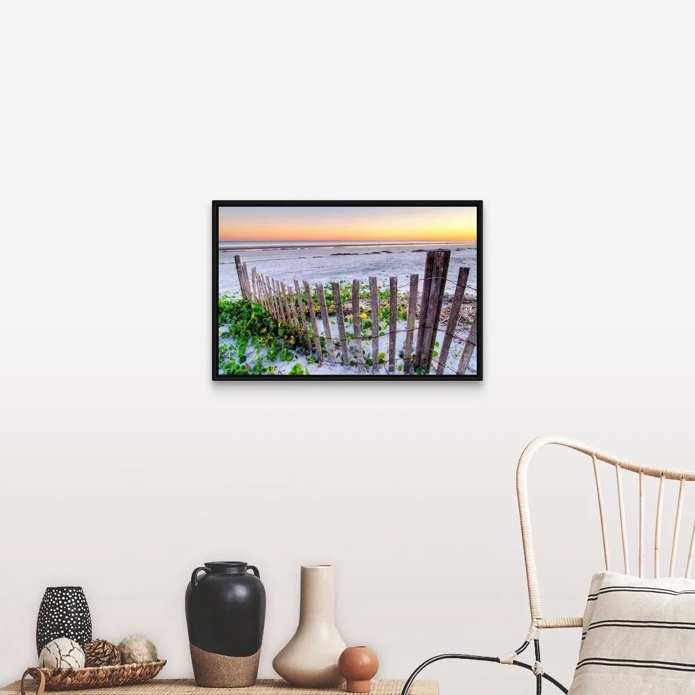 "A beach fence at sunset on Hilton Head Island, South Carolina." Black Float Frame Canvas Art