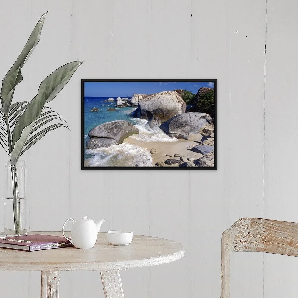 "Beach rocks and seascape." Black Float Frame Canvas Art
