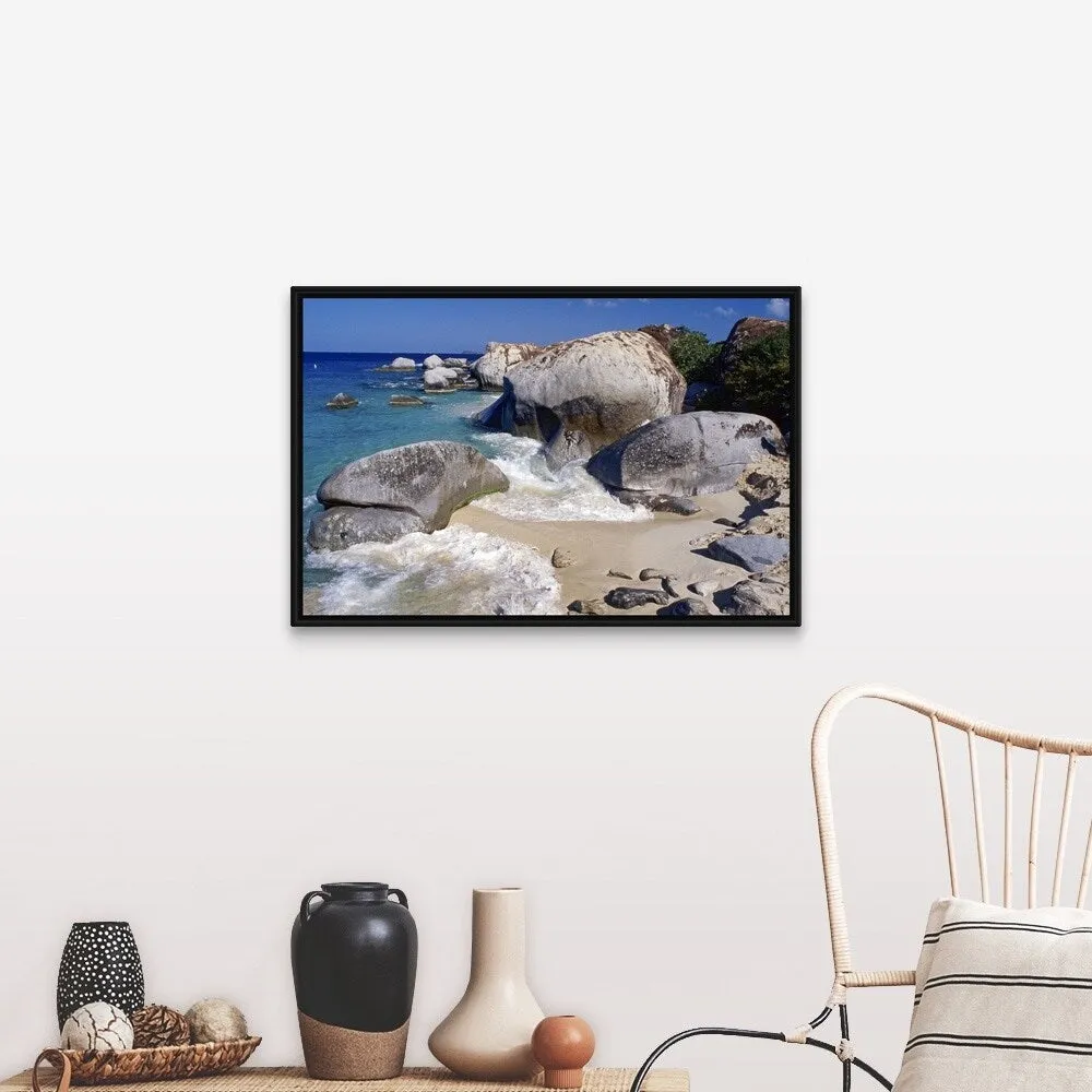 "Beach rocks and seascape." Black Float Frame Canvas Art