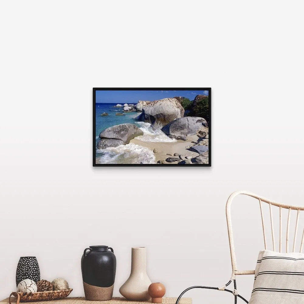 "Beach rocks and seascape." Black Float Frame Canvas Art