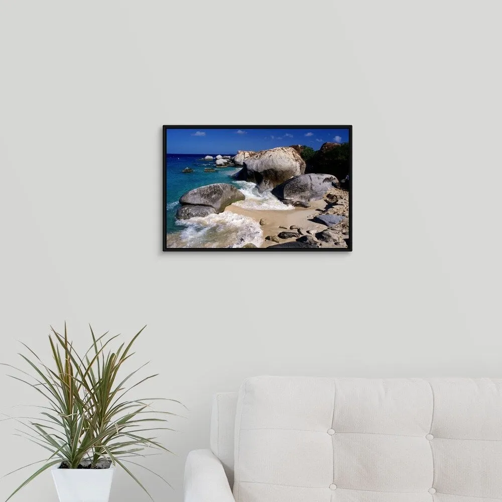 "Beach rocks and seascape." Black Float Frame Canvas Art