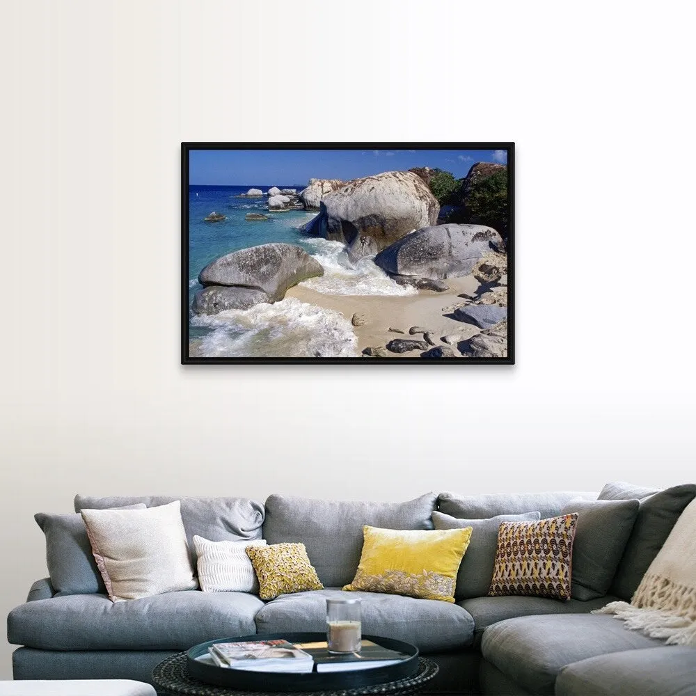 "Beach rocks and seascape." Black Float Frame Canvas Art