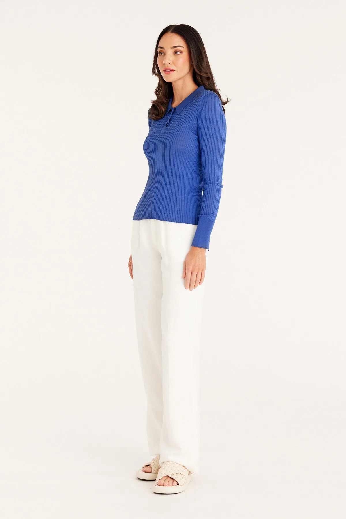 Silk Rib Polo Top - Sapphire Blue