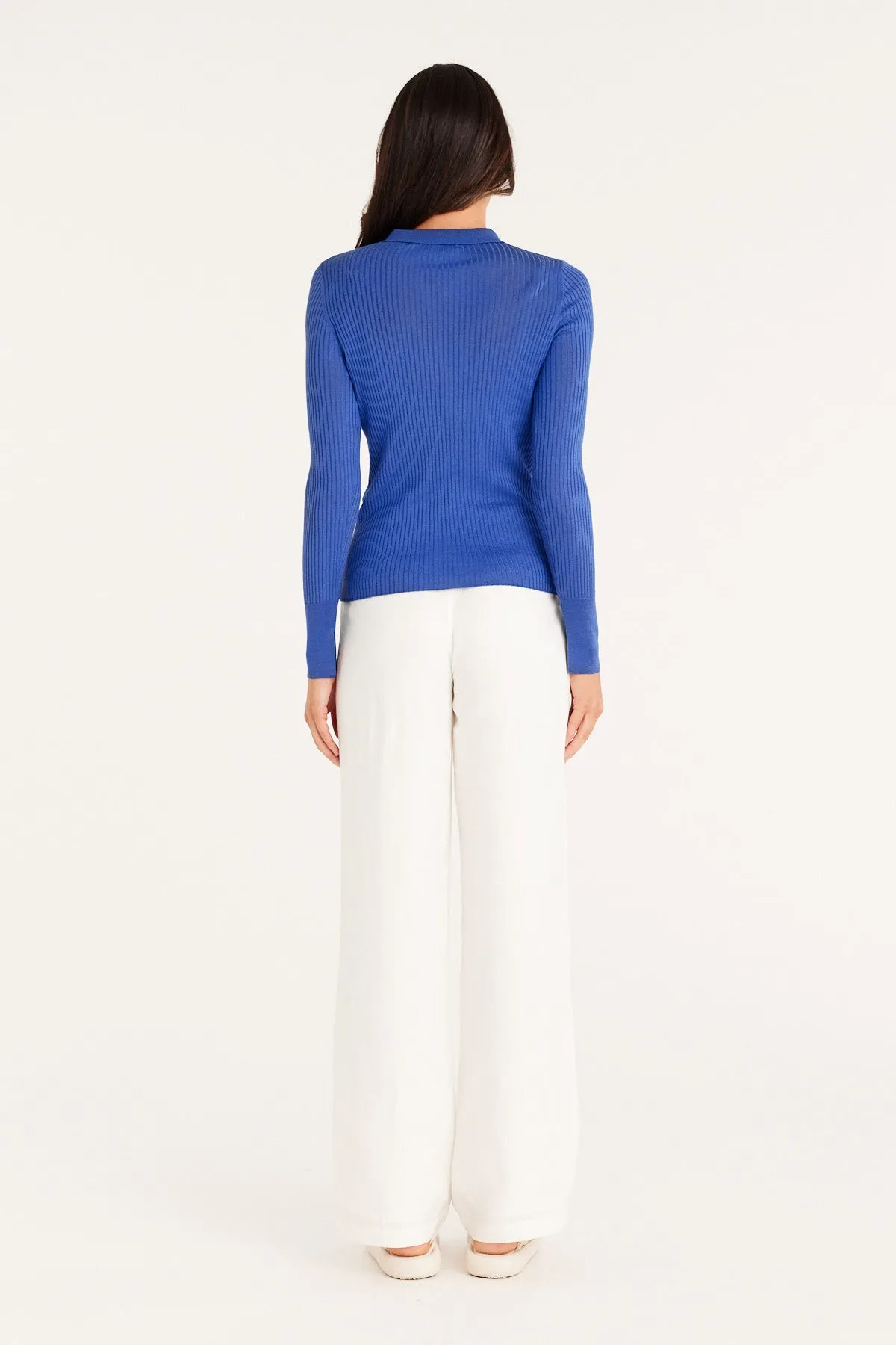 Silk Rib Polo Top - Sapphire Blue