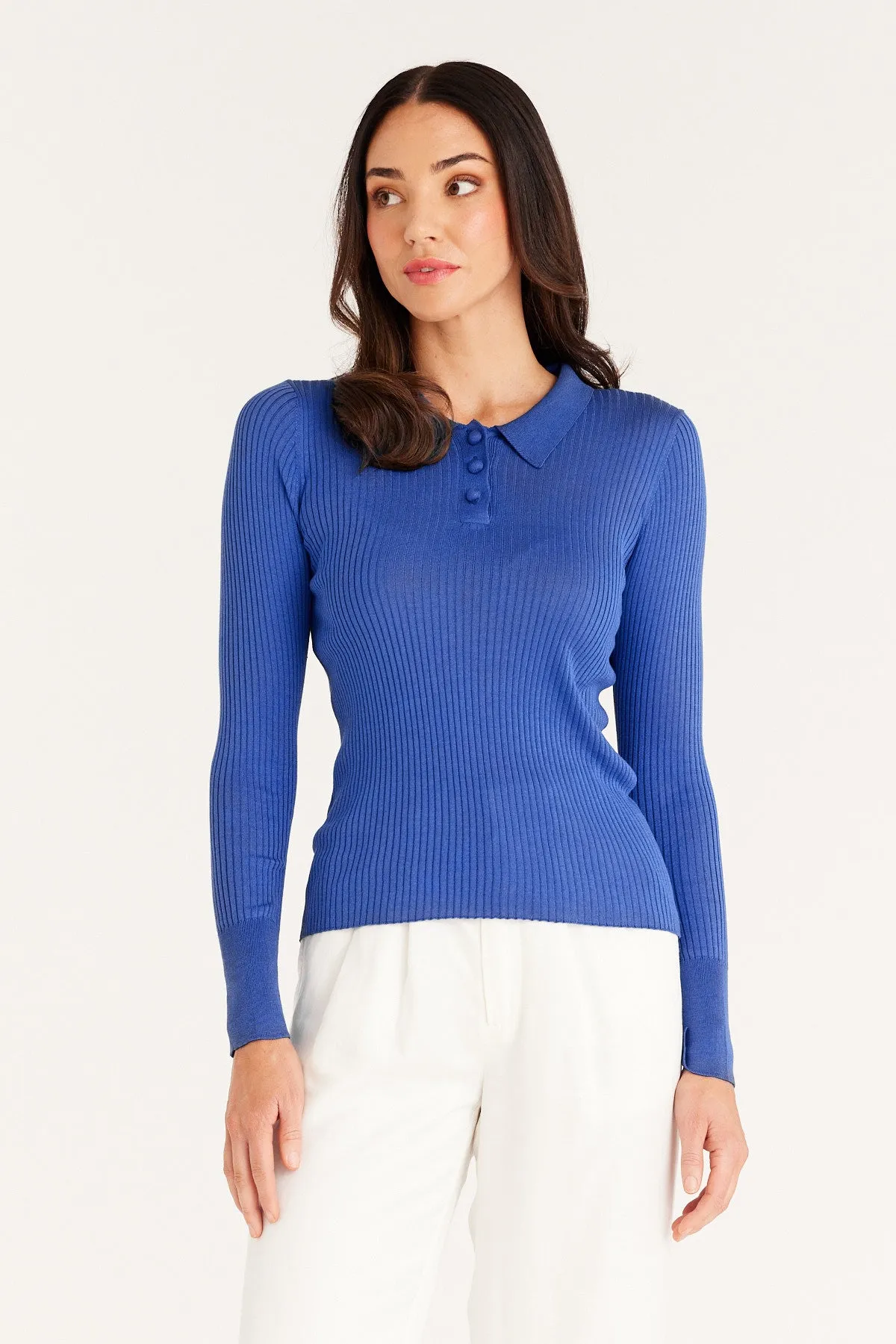Silk Rib Polo Top - Sapphire Blue