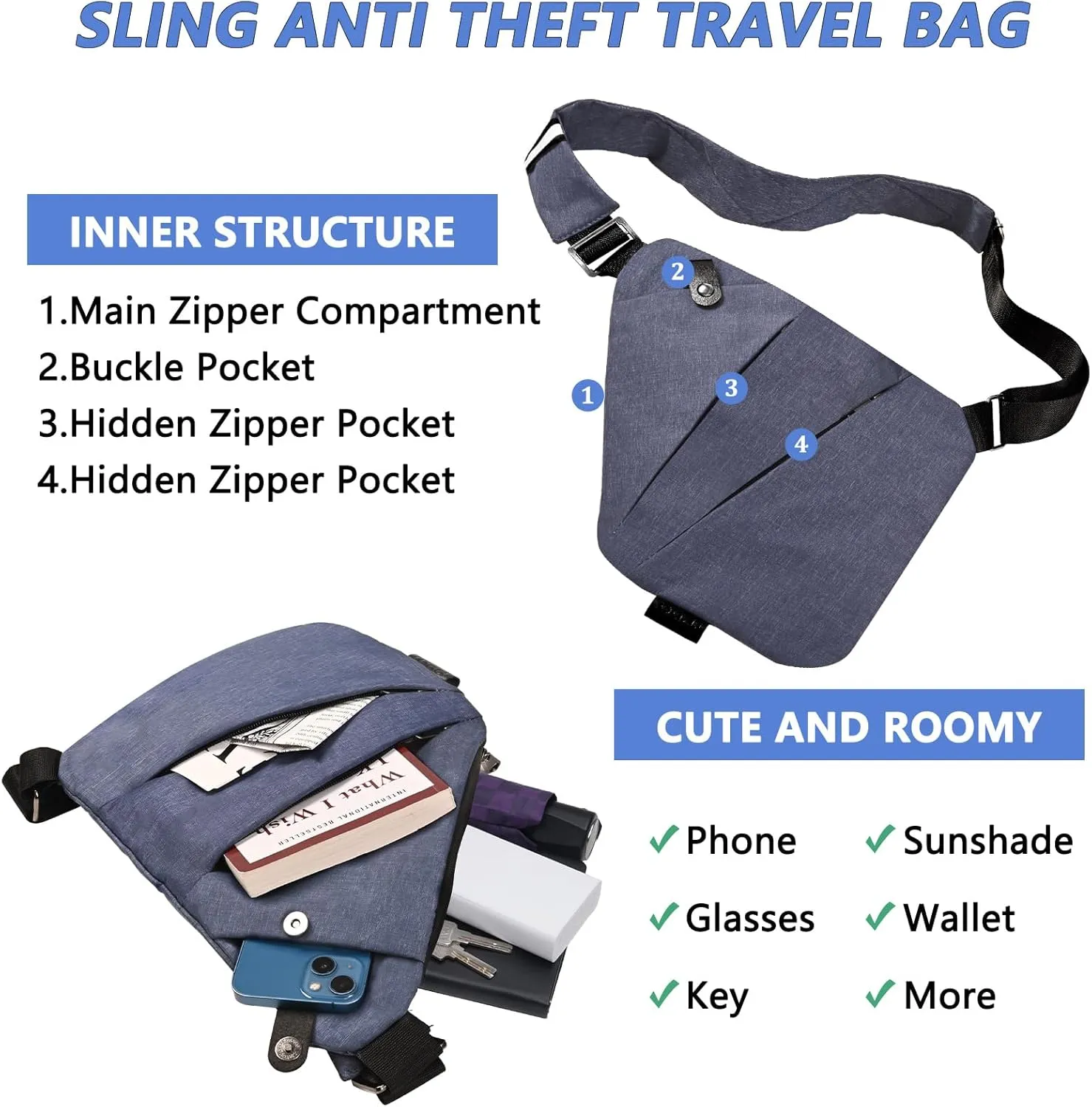 Sling Bag for Women Men, Anti Theft Travel Bag Crossbody Bags for Women Men Flex Bag for Outdoor Sport Casual Hiking Running