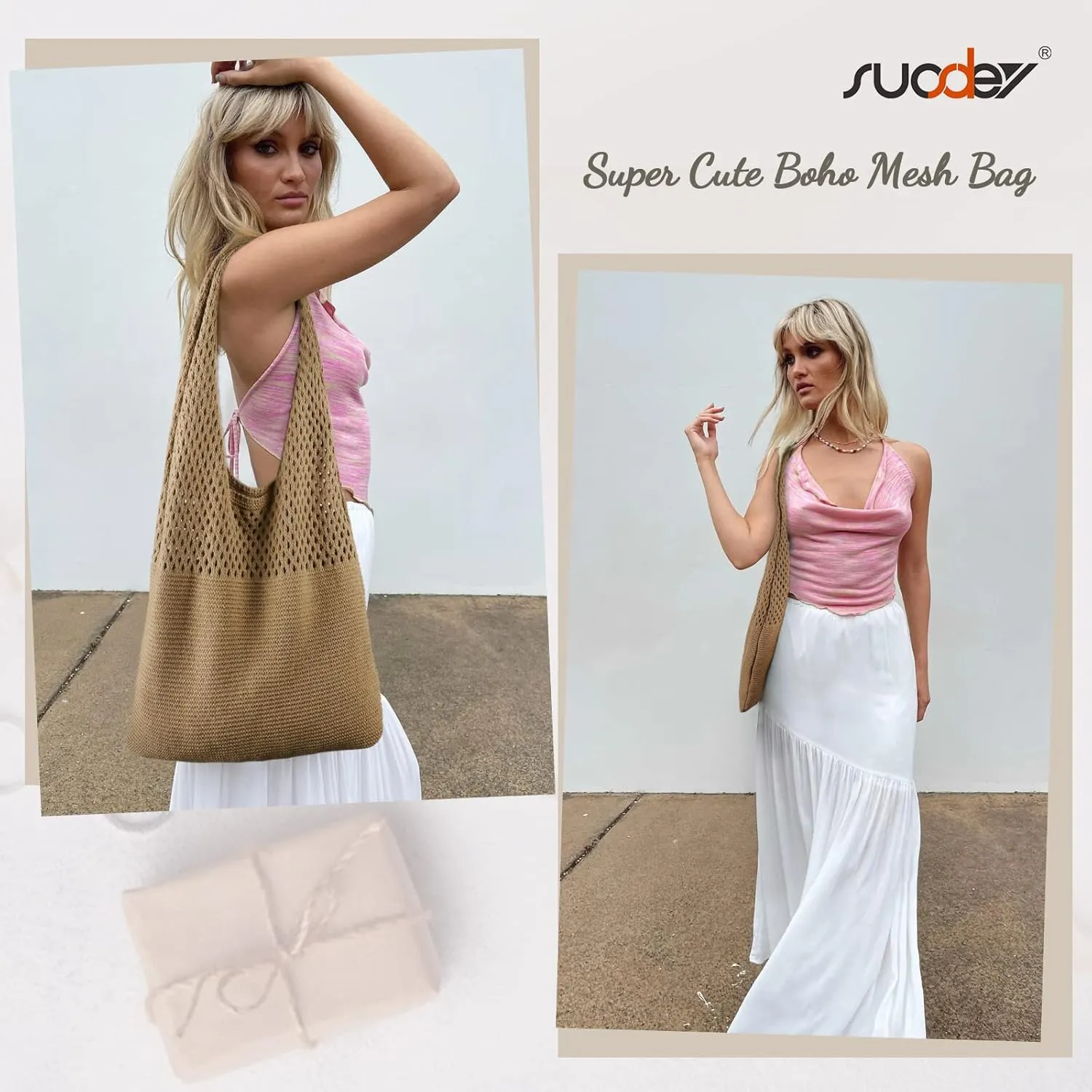 SUOSDEY Crochet Mesh Beach Tote Bag, Knit Summer Vacation Aesthetic Boho Tote Bag for Women
