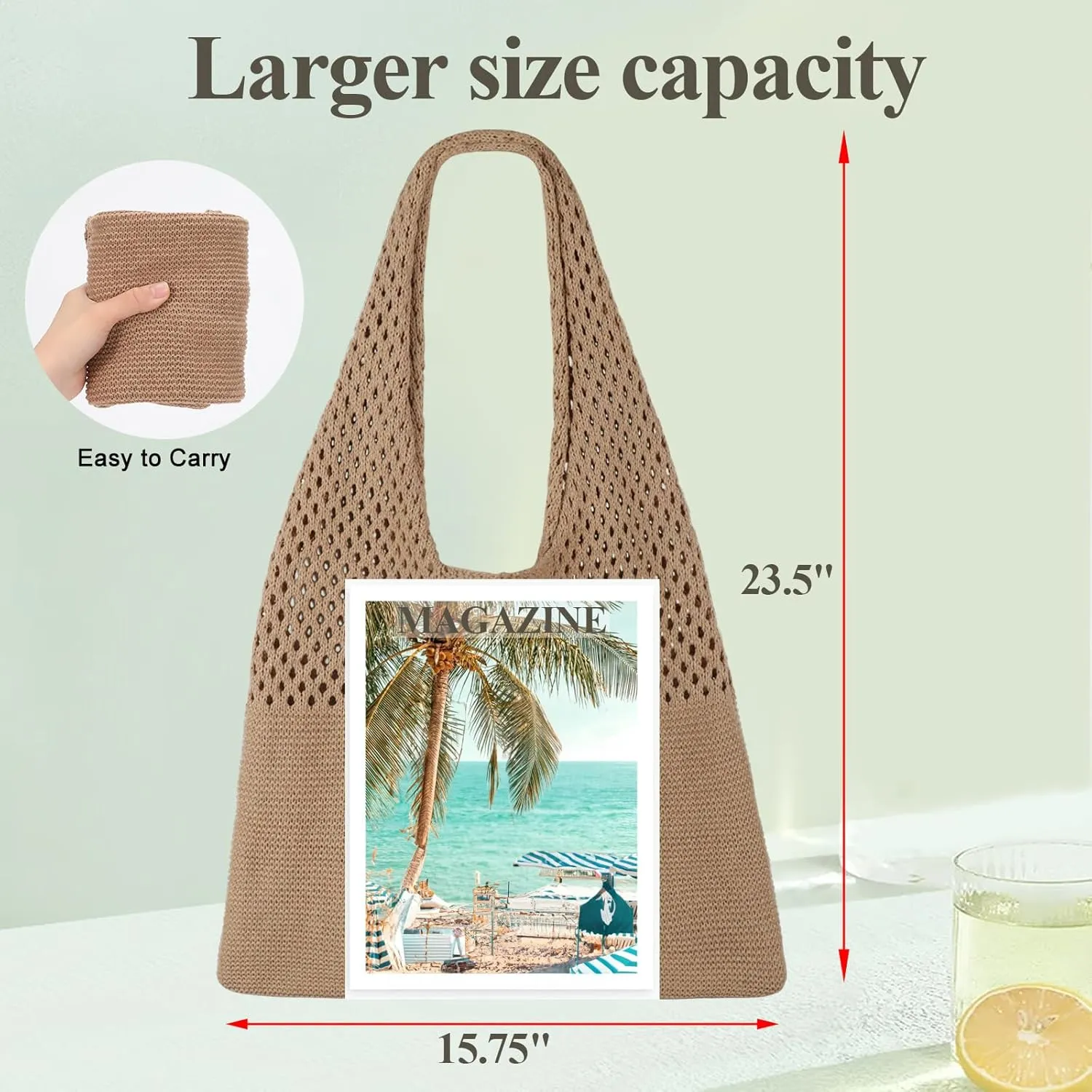 SUOSDEY Crochet Mesh Beach Tote Bag, Knit Summer Vacation Aesthetic Boho Tote Bag for Women