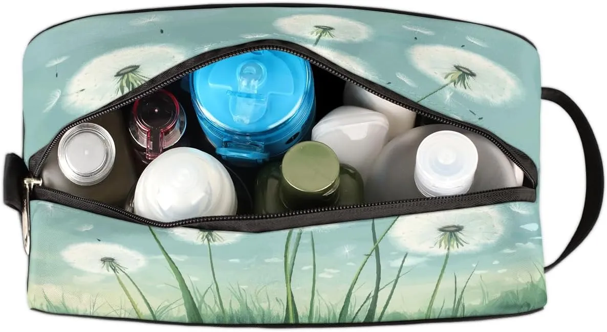 Travel Makeup Bag for Women, Portable Cosmetic Organizer Pouch, Wide Open Toiletries Travel Bag with Handle, Dandelion In Spring Illustration