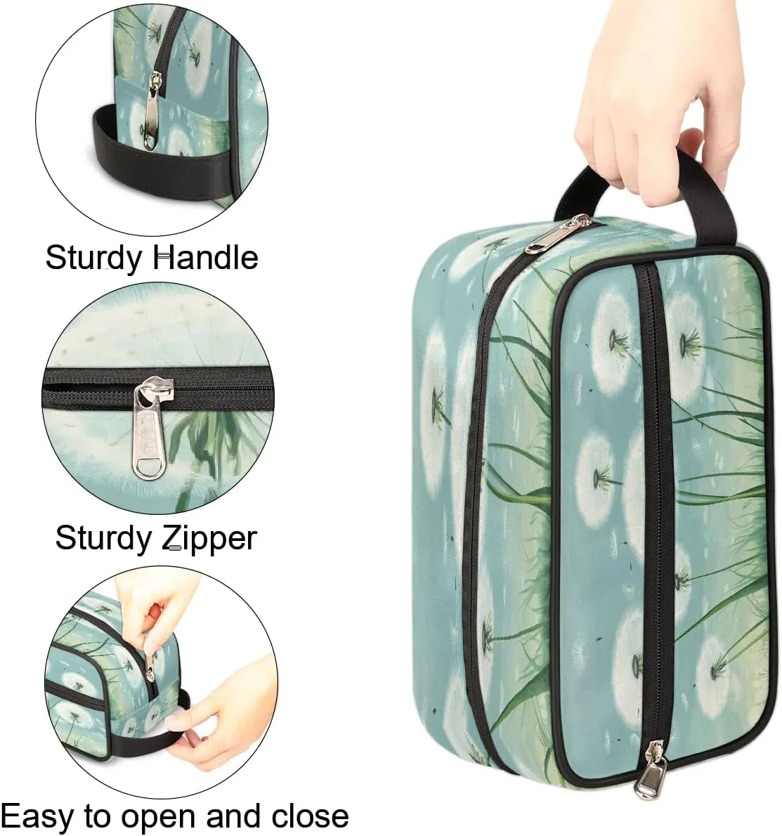 Travel Makeup Bag for Women, Portable Cosmetic Organizer Pouch, Wide Open Toiletries Travel Bag with Handle, Dandelion In Spring Illustration