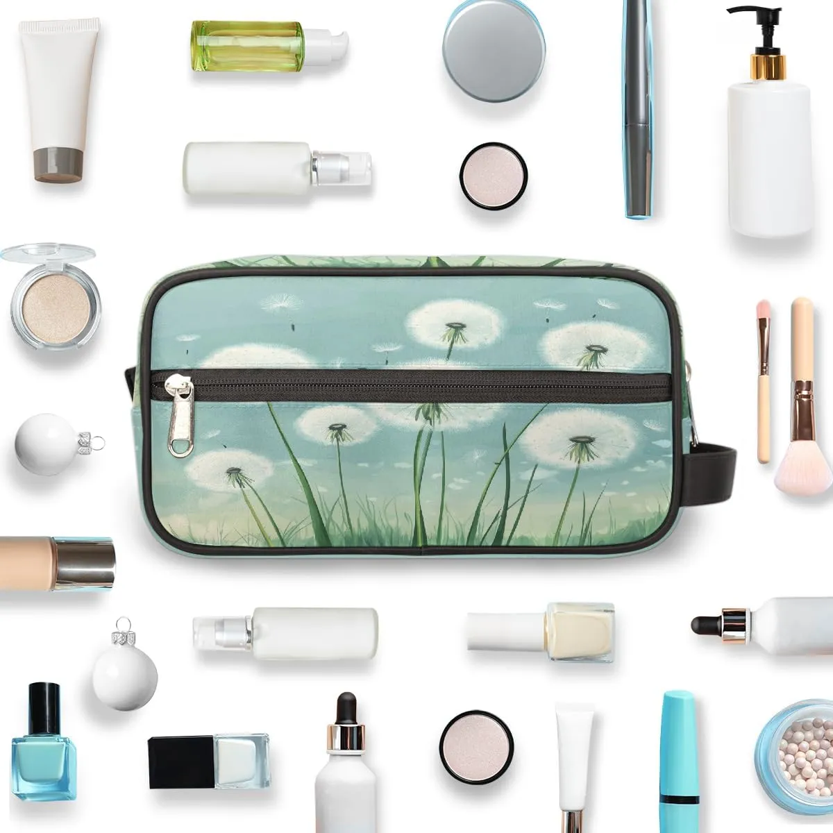 Travel Makeup Bag for Women, Portable Cosmetic Organizer Pouch, Wide Open Toiletries Travel Bag with Handle, Dandelion In Spring Illustration