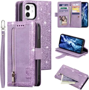 UEEBAI Wallet Case for iPhone 13 Mini, Retro 9 Card Holder Slots Zipper Pocket Handbag Case PU Leather Magnetic Closure Kickstand with Wrist Strap TPU Shockproof Flip Case - Glitter Purple