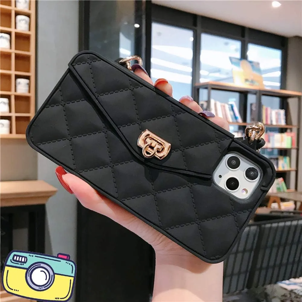 UnnFiko Wallet Case Compatible with iPhone 12 Mini, Cute Light Luxury Bag Design, Purse Flip Card Pouch Cover Soft Silicone Case with Handstrap Long Shoulder Strap (Black, iPhone 12 Mini)