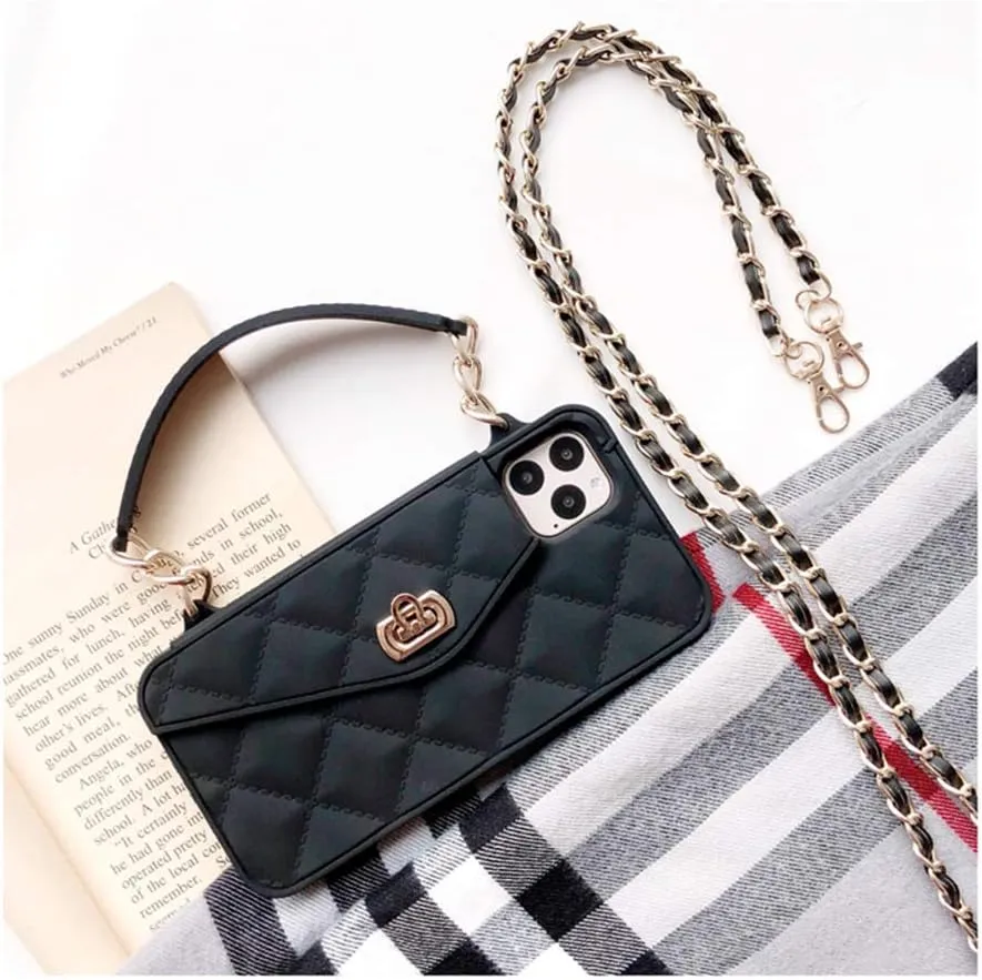 UnnFiko Wallet Case Compatible with iPhone 12 Mini, Cute Light Luxury Bag Design, Purse Flip Card Pouch Cover Soft Silicone Case with Handstrap Long Shoulder Strap (Black, iPhone 12 Mini)