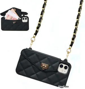 UnnFiko Wallet Case Compatible with iPhone 12 Mini, Cute Light Luxury Bag Design, Purse Flip Card Pouch Cover Soft Silicone Case with Handstrap Long Shoulder Strap (Black, iPhone 12 Mini)