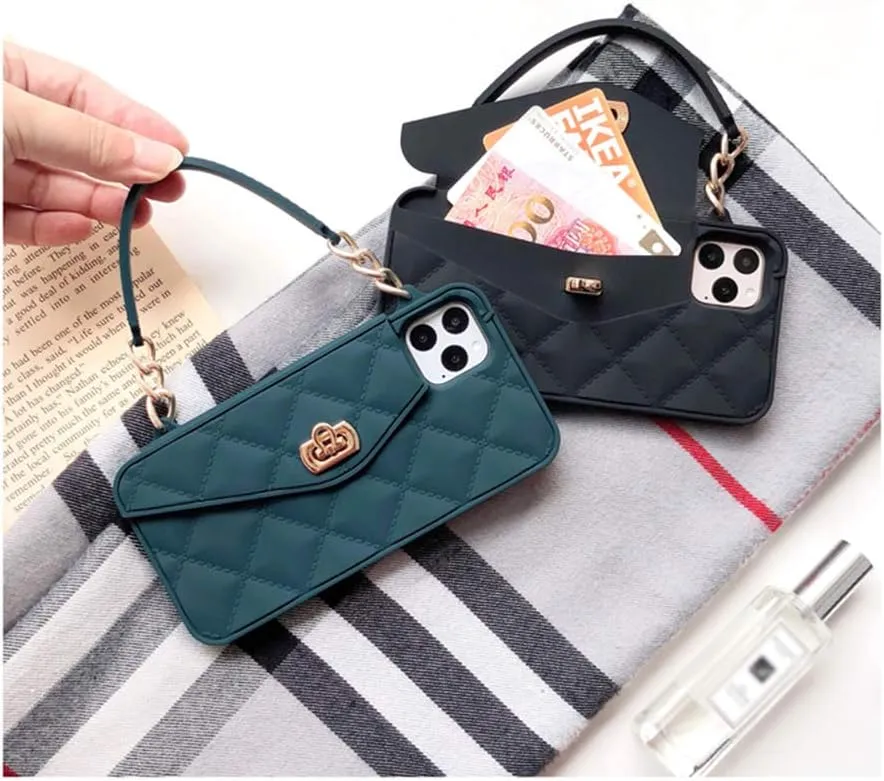 UnnFiko Wallet Case Compatible with iPhone 12 Mini, Cute Light Luxury Bag Design, Purse Flip Card Pouch Cover Soft Silicone Case with Handstrap Long Shoulder Strap (Black, iPhone 12 Mini)