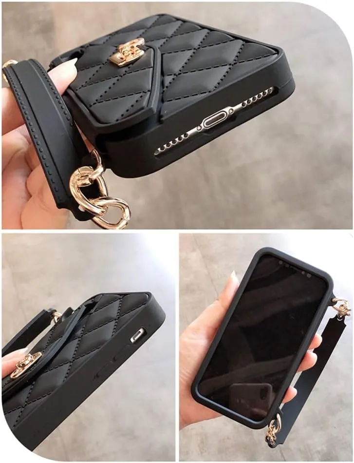 UnnFiko Wallet Case Compatible with iPhone 12 Mini, Cute Light Luxury Bag Design, Purse Flip Card Pouch Cover Soft Silicone Case with Handstrap Long Shoulder Strap (Black, iPhone 12 Mini)