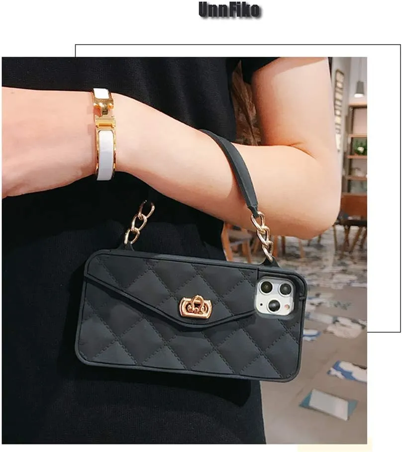UnnFiko Wallet Case Compatible with iPhone 12 Mini, Cute Light Luxury Bag Design, Purse Flip Card Pouch Cover Soft Silicone Case with Handstrap Long Shoulder Strap (Black, iPhone 12 Mini)