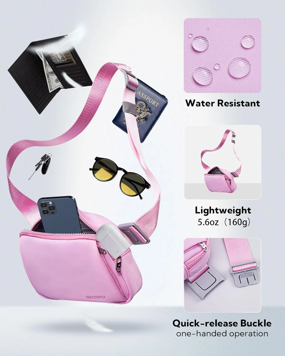 WATERFLY Crossbody Belt Fanny Pack: Sports Walking Waist Bag Runner Belt Bum Bag Hip Fannie Pack Phanny Fannypack Woman Man for Hiking Jogging Running