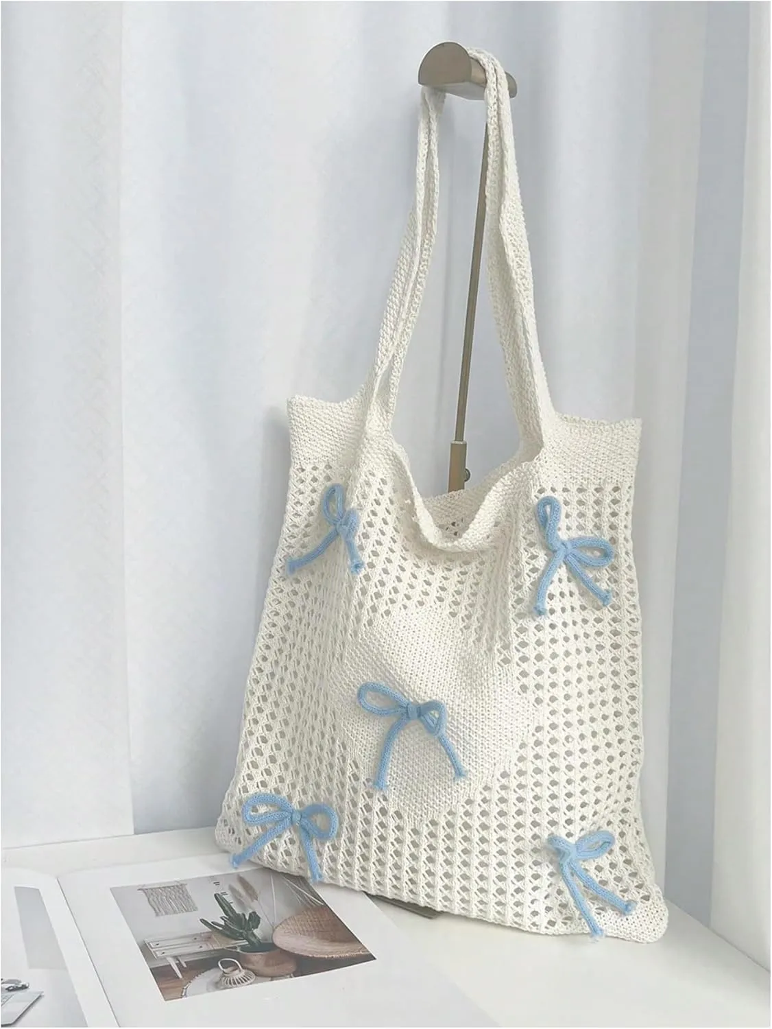 Women's Bowknot Crochet Tote Bag Hollow Out Knit Shoulder Handbags Summer Hobo Bags