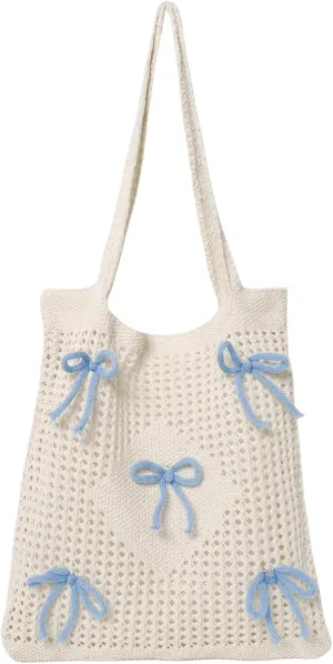Women's Bowknot Crochet Tote Bag Hollow Out Knit Shoulder Handbags Summer Hobo Bags