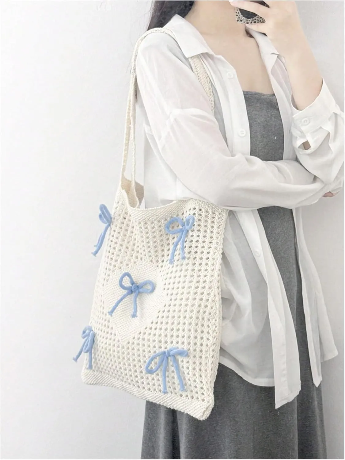 Women's Bowknot Crochet Tote Bag Hollow Out Knit Shoulder Handbags Summer Hobo Bags