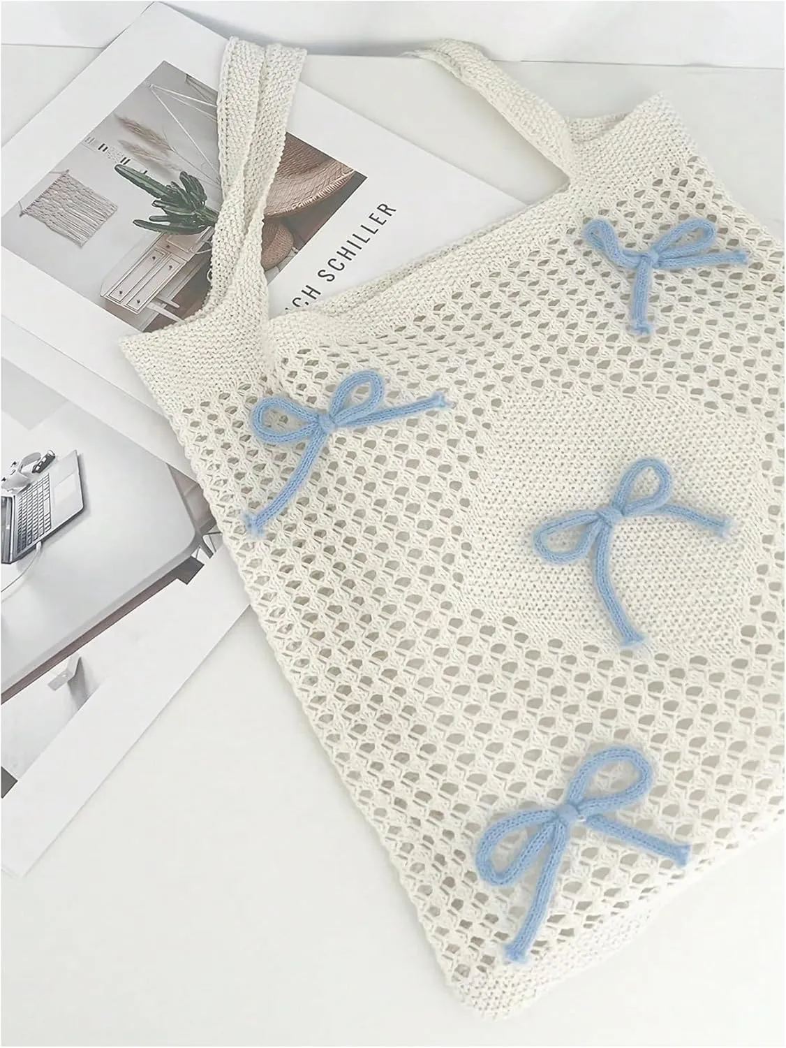 Women's Bowknot Crochet Tote Bag Hollow Out Knit Shoulder Handbags Summer Hobo Bags