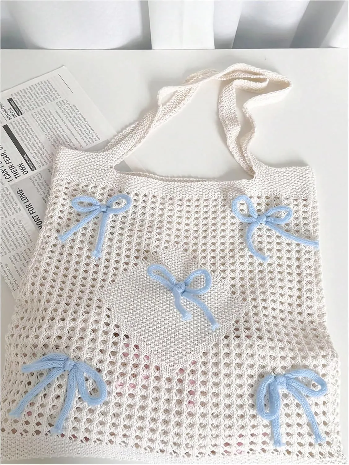 Women's Bowknot Crochet Tote Bag Hollow Out Knit Shoulder Handbags Summer Hobo Bags