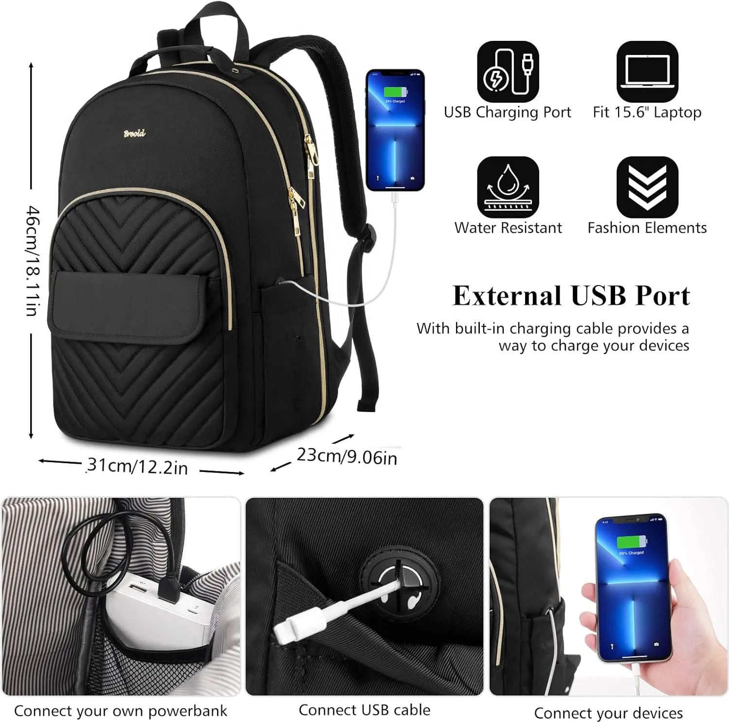 Womens Laptop Backpack,Stylish Work Business Backpack for Travel,Large Capacity Computer Backpack for 15.6 Inch,Back Pack School College Bookbag with USB Charging Port,Casual Daypack,Black