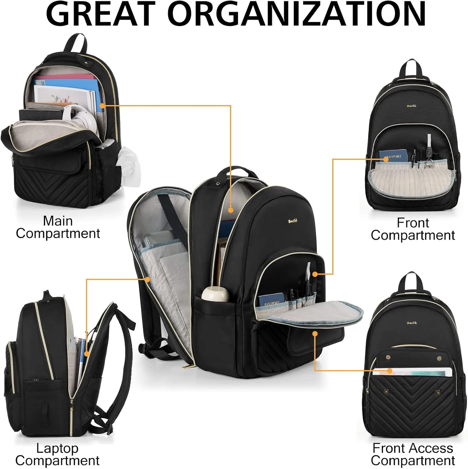 Womens Laptop Backpack,Stylish Work Business Backpack for Travel,Large Capacity Computer Backpack for 15.6 Inch,Back Pack School College Bookbag with USB Charging Port,Casual Daypack,Black