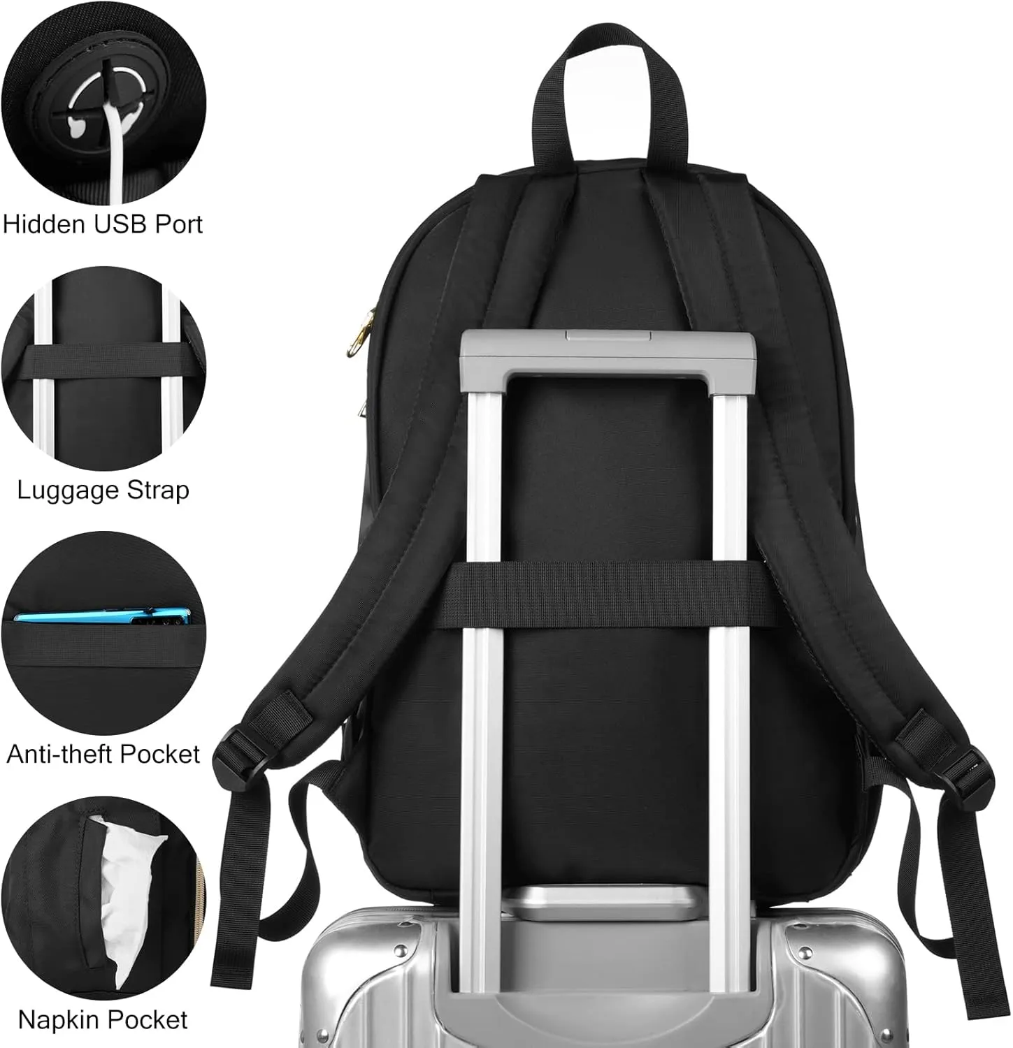Womens Laptop Backpack,Stylish Work Business Backpack for Travel,Large Capacity Computer Backpack for 15.6 Inch,Back Pack School College Bookbag with USB Charging Port,Casual Daypack,Black