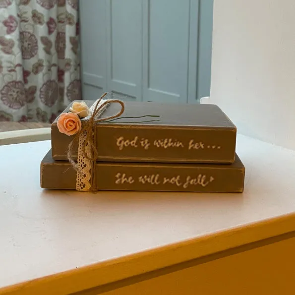 Wooden Stack of Books Lg with Lace - God is Within Her 12665