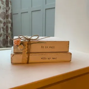 Wooden Stack of Books Lg with Lace - It is Well 12661