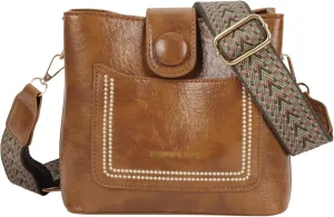 ZLM BAG US Women Vintage Crossbody Shoulder Bag Pu Leather Bucket Hobo Bag Multipockets Handbag Purse with Guitar Strap